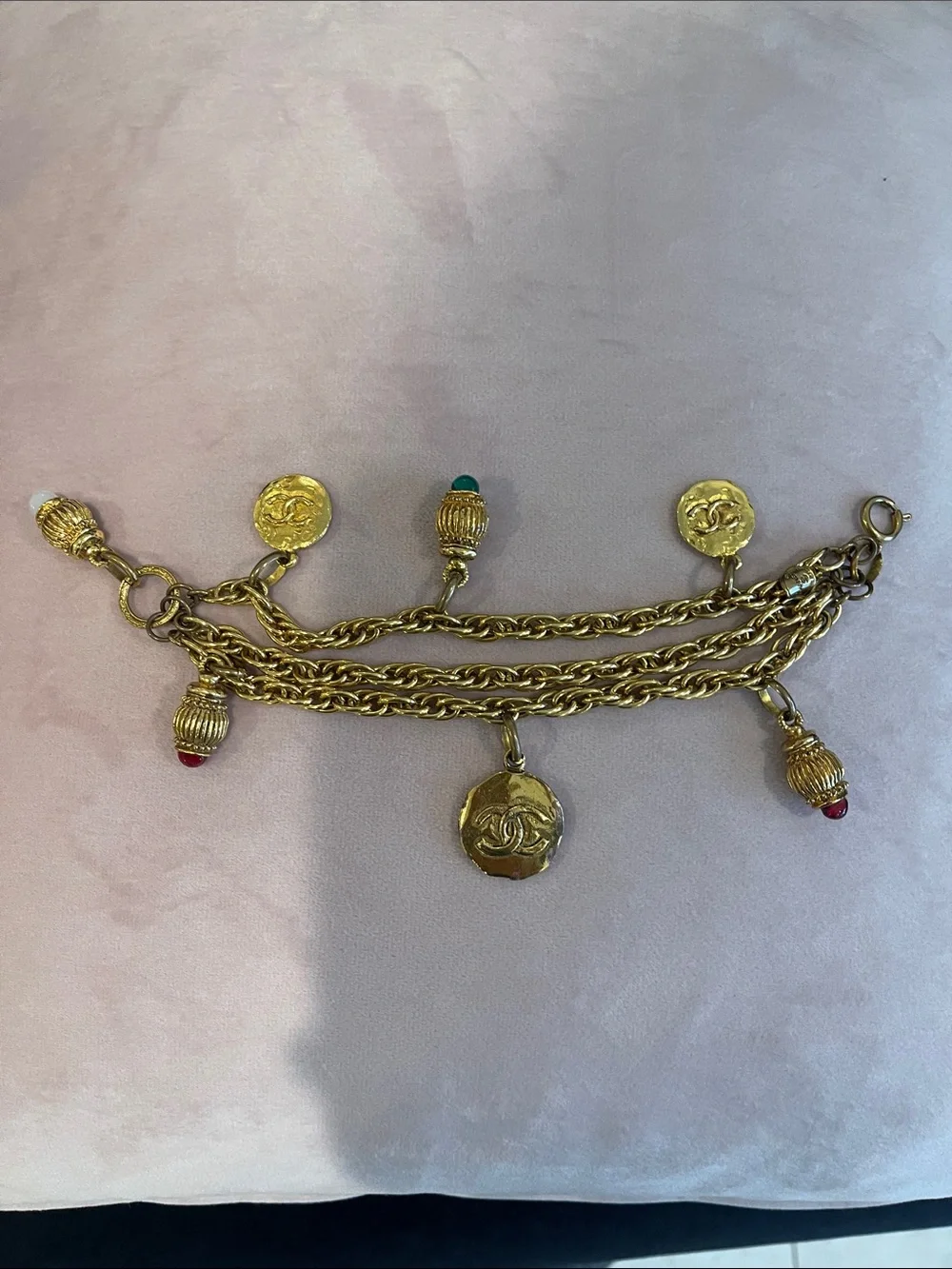 CHANEL Gold-Tone Double Chain Charm Bracelet with Red and Green Bead Drops